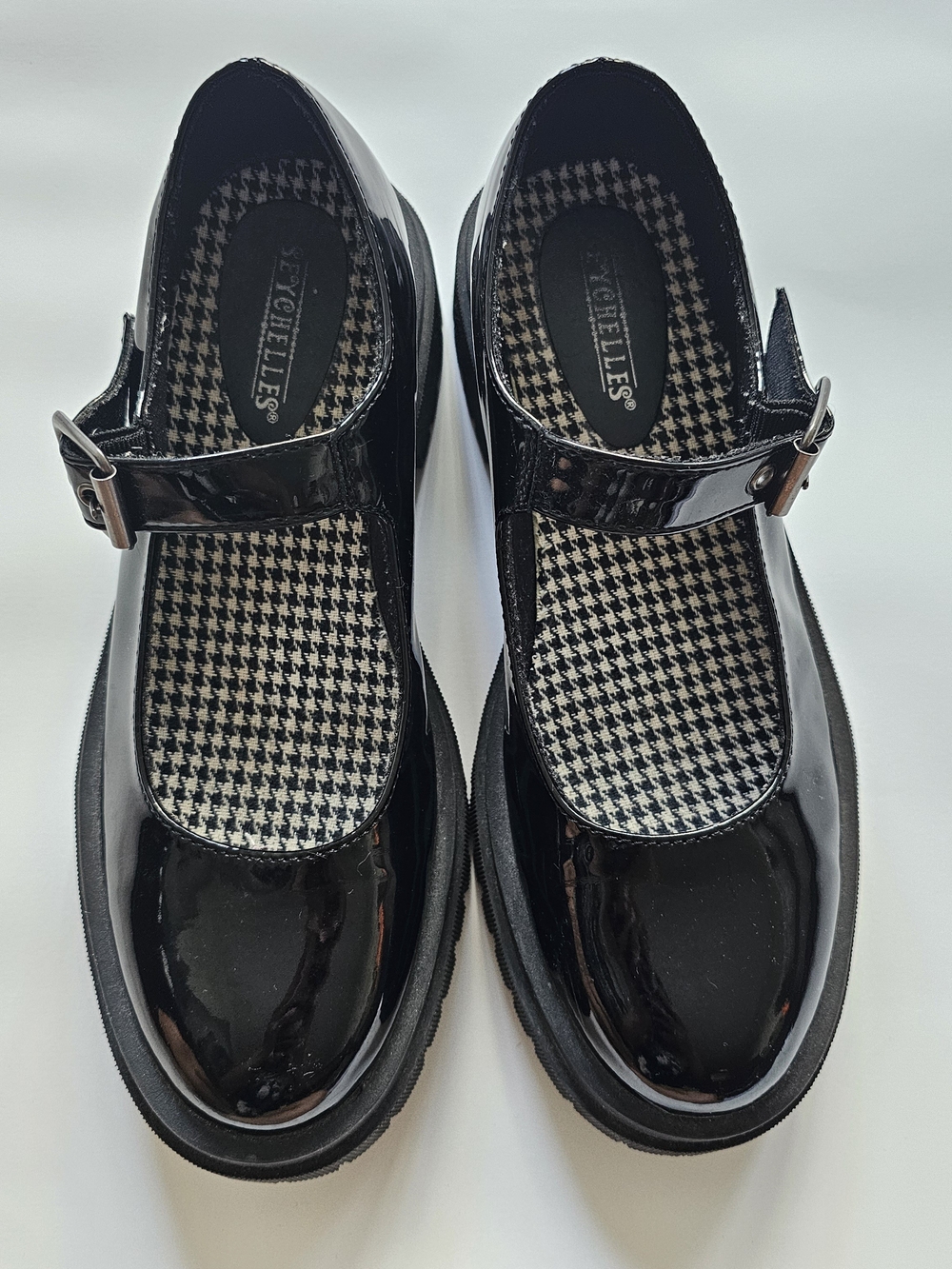 Seychelles Black Patent Mary Jane Platform Shoes with Houndstooth Lining
